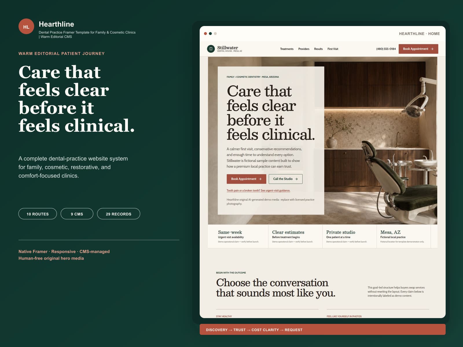 Hearthline dental practice Framer template homepage with goal-based treatment discovery and appointment-request paths