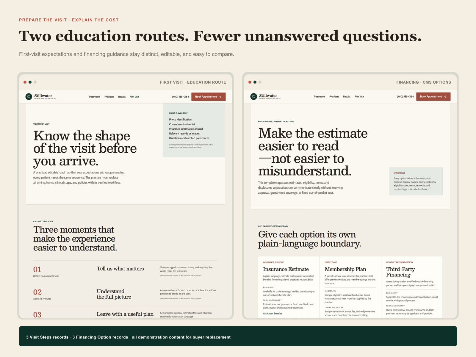 Hearthline first-visit and financing education pages