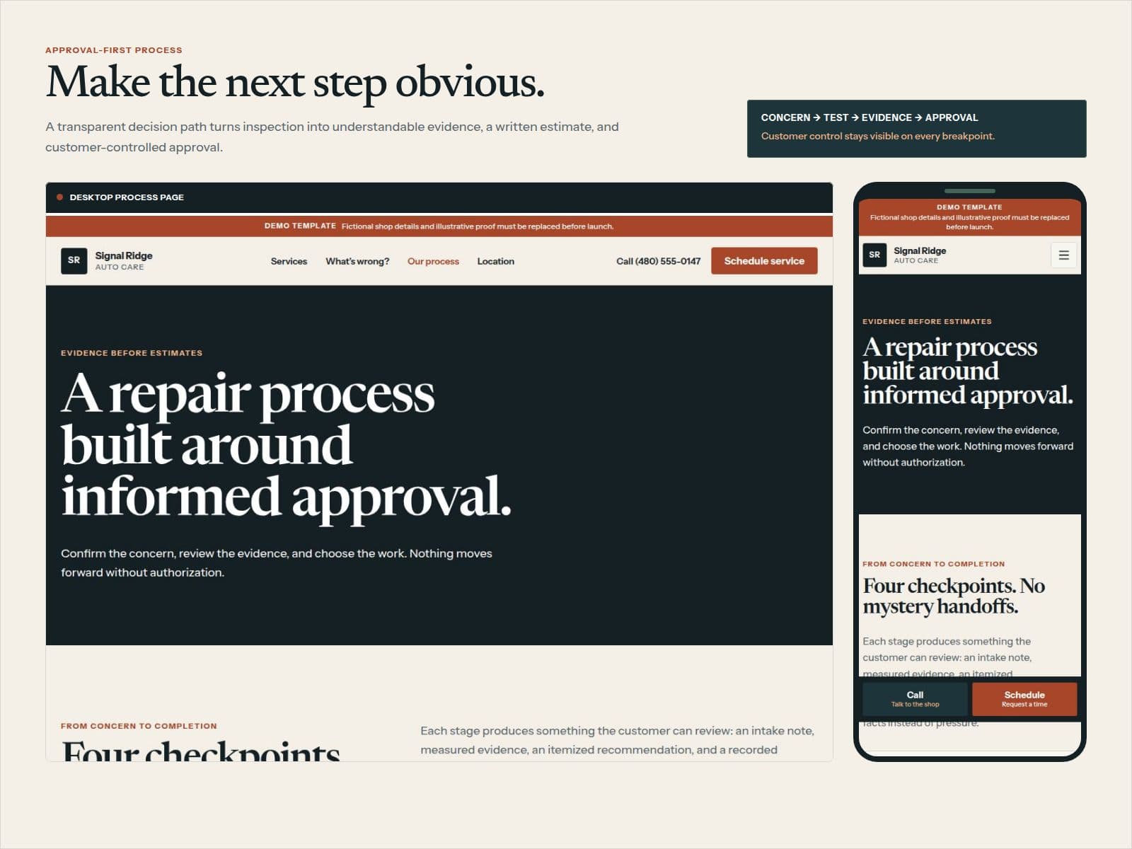 Signal Ridge approval-first automotive repair process layouts
