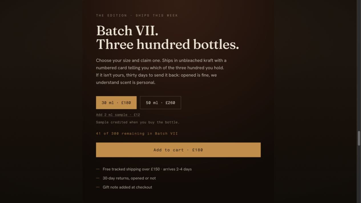 Aura Market Batch VII purchase panel with size, scarcity, and shipping details