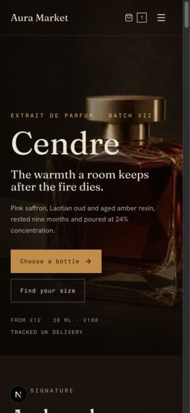 Aura Market Cendre fragrance storefront on a narrow mobile viewport