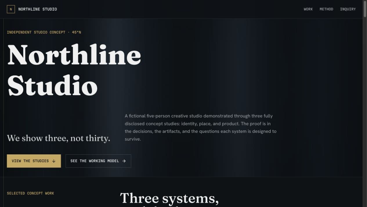 Northline Studio homepage with its three-study editorial proposition