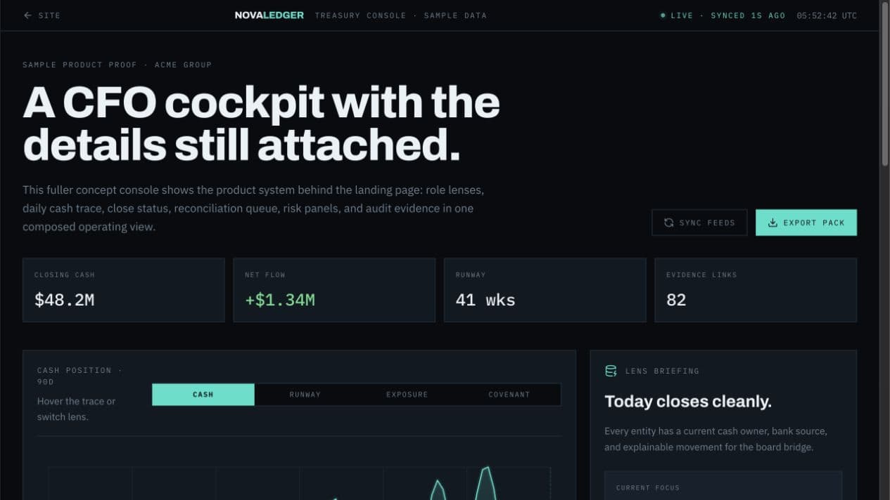 NovaLedger fictional treasury console with metrics, filters, and export controls