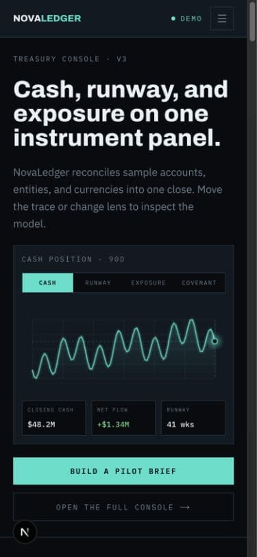 NovaLedger responsive product page on a narrow mobile viewport