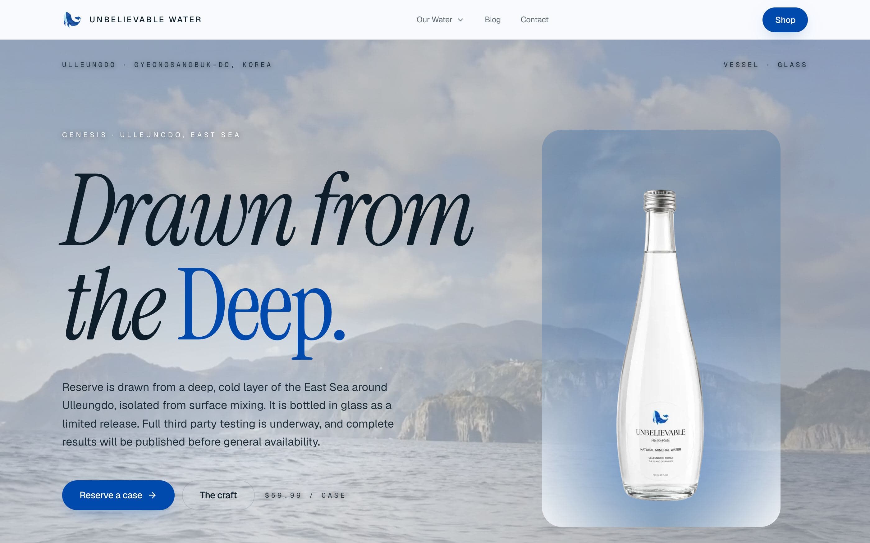 The Reserve product page: editorial serif display reading Drawn from the Deep