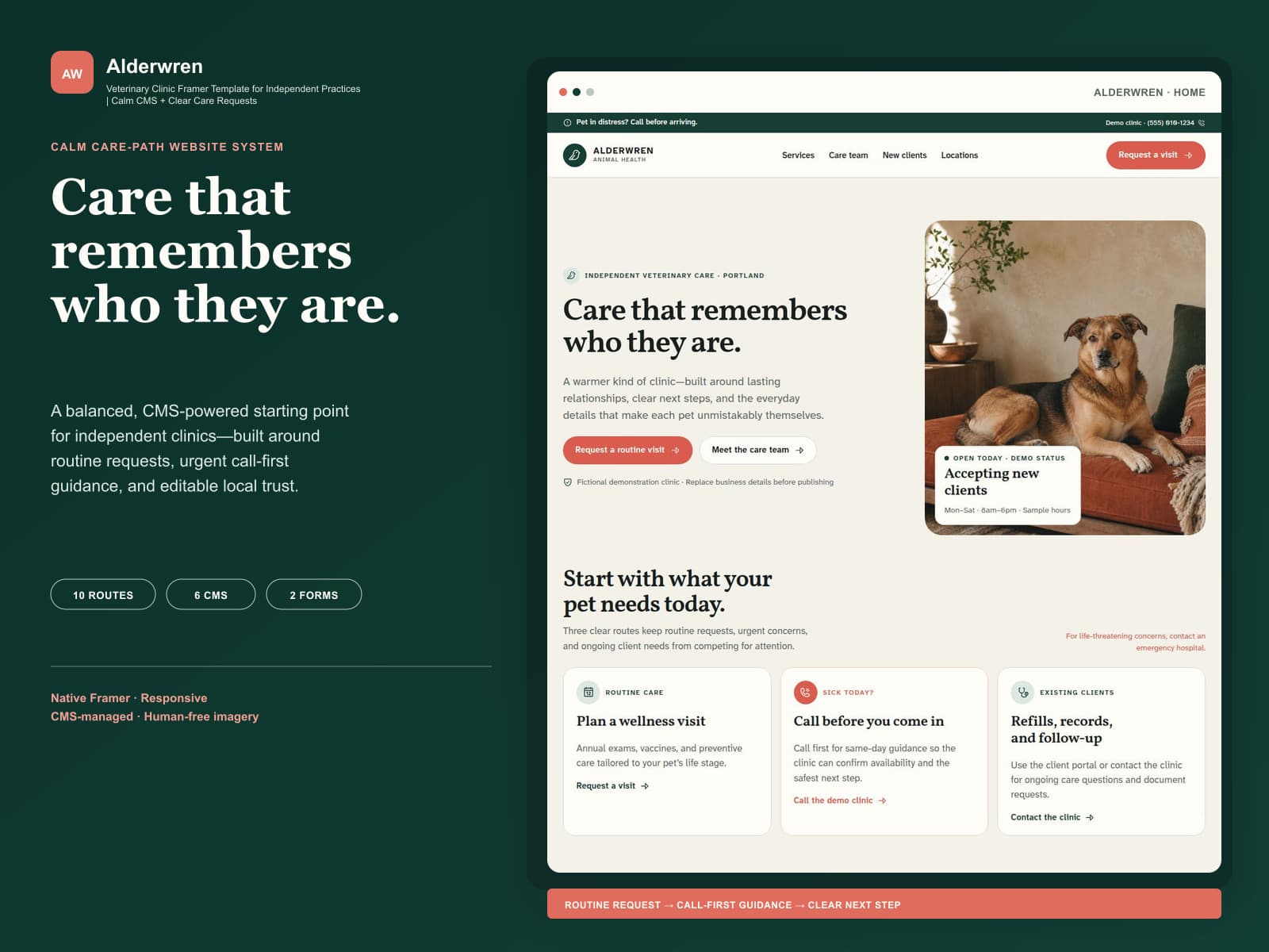 Alderwren veterinary clinic Framer template homepage with routine appointment and urgent call-first paths