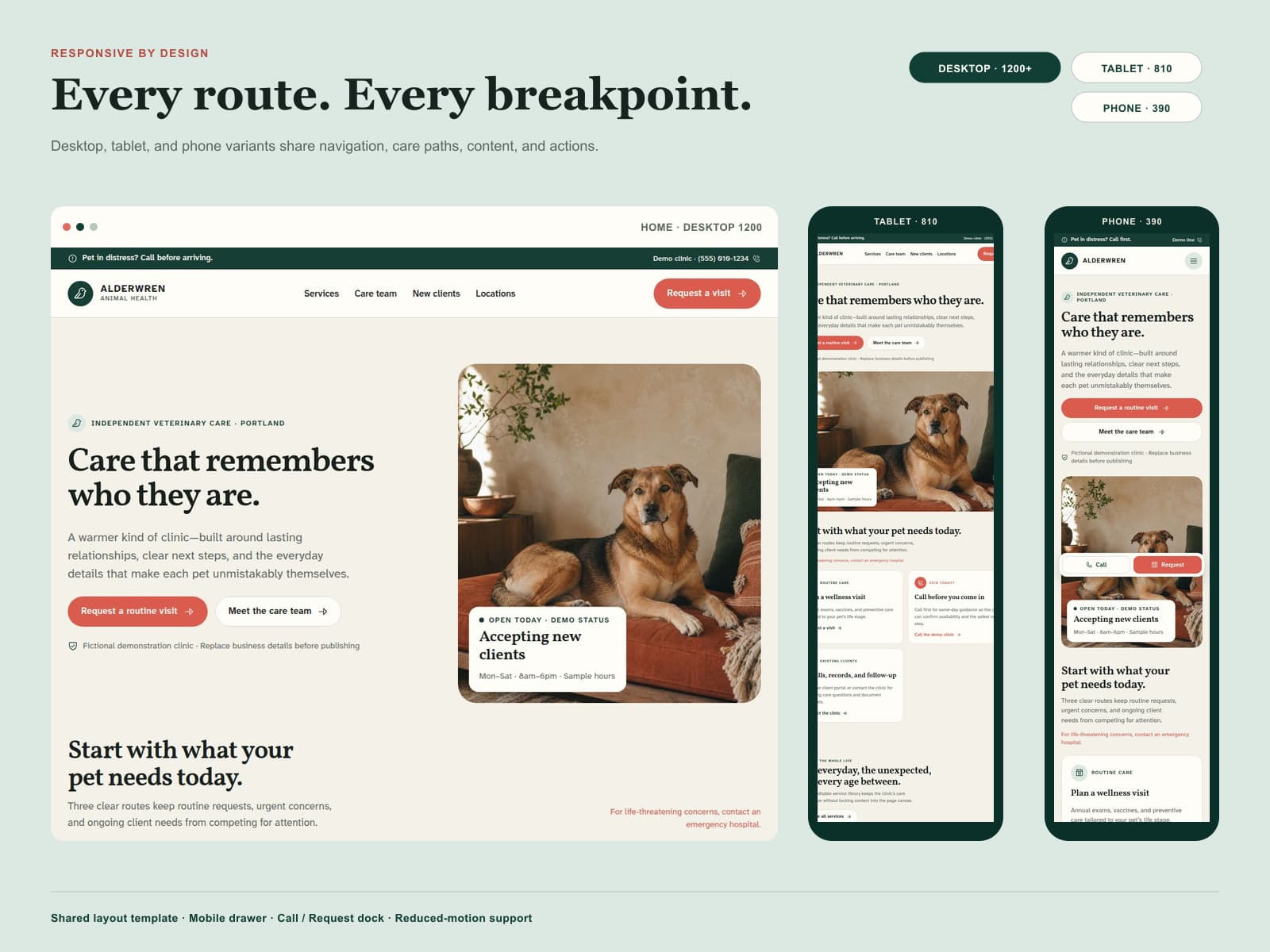 Alderwren desktop, tablet, and phone layouts