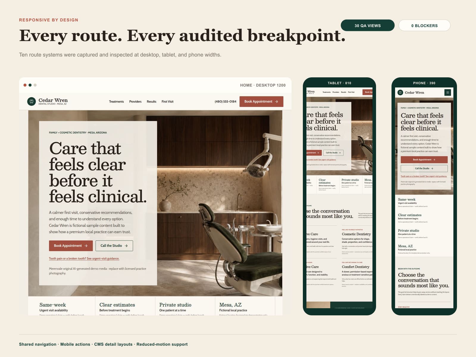 Merenvale desktop, tablet, and phone layouts